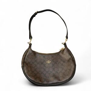 Coach Harley Hobo Shoulder Bag Brown Signature Canvas Black Leather Trim Gold